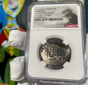 UNIQUE!!! DATED 1713/2 FROM 1715 FLEET SHIPWRECK MEXICO 4 REALES NGC SILVER COIN - Picture 1 of 18