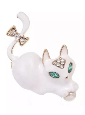 Broche prendedor Betsey Johnson tono dorado estrás blanco gatito gato nuevo con etiquetas Foto 1 de 4