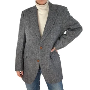 Vintage Unisex Harris Tweed 44R Blue Wool Chevron Hunting Sport Coat Jacket - Picture 1 of 8