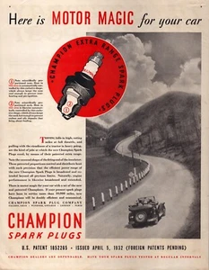 1932 Champion Spark Plugs Print Ad Motor Magic For Your Car Extra Range - Picture 1 of 1