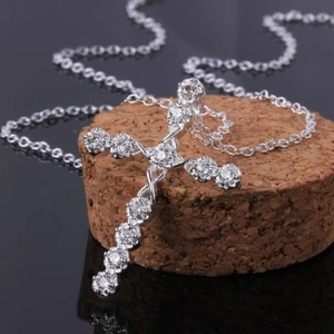 Women's 925 Sterling Silver Plated Cubic Crystal Cross Pendant Necklace 18" - Picture 1 of 4