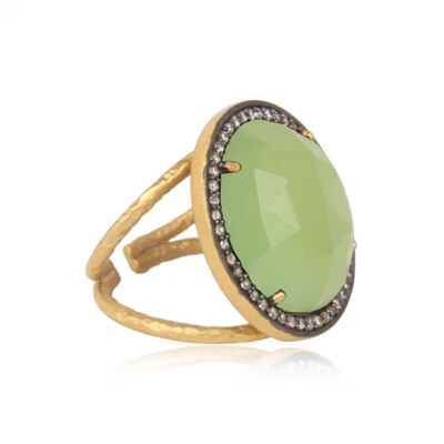 Anel estilo punho banda dupla Prehnite calcedônia pavê redondo Cz em tom de textura - Imagem 1 de 4