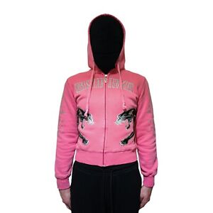 christian audigier panther embroidered hoodie M PINK BLACK SILVER SATIN ED HARDY