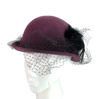 De colección Andre Canadian Sombrero Terciopelo Aleta Sombrero Plumas Veladas Malla Púrpura Foto 1 de 4