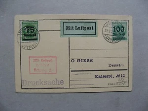 GERMANY REICH, PC 1923, airmail Berlin-Leipzig, inflation - Picture 1 of 2