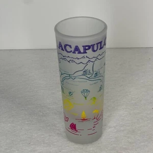 Acapulco Mexico Tall Slim Shot Glass Frosted Liquor Beach Map Rainbow 4” Tall - Picture 1 of 7