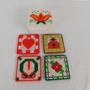 Handmade Coasters Plastic Canvas Needlepoint Stitching w/Box Different Patterns - Picture 1 of 12