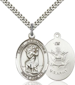 925 Sterling Silver St Christopher Army Military Soldier Catholic Medal Necklace - Picture 1 of 1