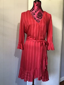 Stella 14 Dress A Line Wrap Look Red Stripe 3/4 Sleeves Ruffle Hem NEW - Picture 1 of 14