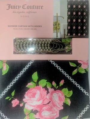 New Juicy Couture Pink Black Green Floral Roses Chain Fabric Shower Curtain Hook - Image 1 of 2
