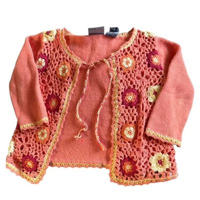 Koala Kids Vintage Peach Crochet Knit Open Front Cardigan Sweater Toddler 24M - Image 1 of 4