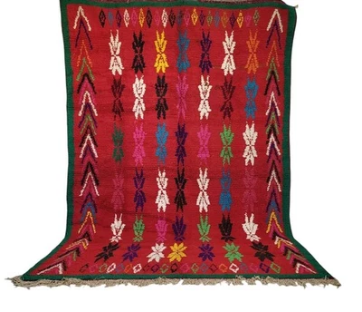 Handmade Vintage Moroccan Berber Wool Rug Vibrant Red & MultiColor Floral Carpet - Image 1 of 4