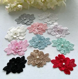 2 x 3D Embroidered flower sew-on applique with pearl button, Lace applique's - Picture 1 of 20