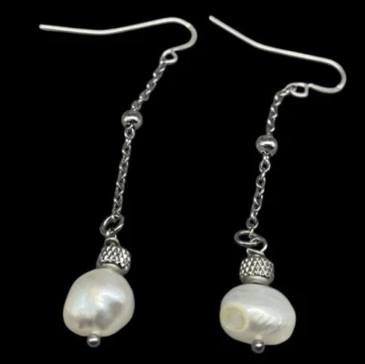 ORECCHINI DONNA PENDENTI AD AMO CATENINA E PERLE NATURALI AUTENTICHE +BOX REGALO - Immagine 1 di 4