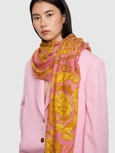 Versace Barocco Pink Gold Cashmere Silk Wool Fringe Shawl Scarf 140cm NWT $750 - Picture 1 of 13