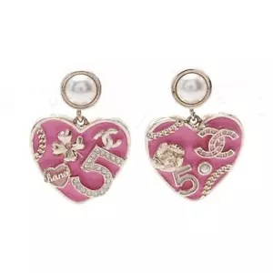 CHANEL COCO Mark No.5 Clover Pierced earrings Gold Plated Pink White Used women - Picture 1 of 5