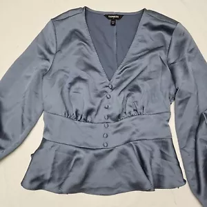 Express Women's Size Small Petite Blue Blouse Long Sleeve Ruffles Satin - Picture 1 of 11