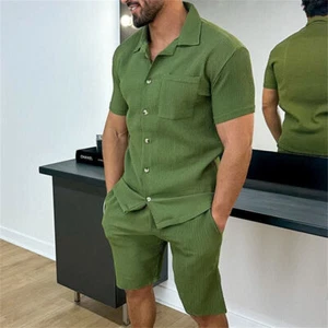 2025 Men's Corduroy Short Sets Outfits 2 Piece Short Sleeve Beach Shirt and Shor - Picture 1 of 14