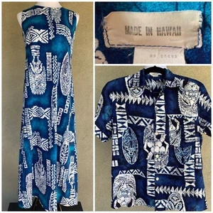 Vintage Hawaiian Barkcloth Dress and Shirt Honeymoon Wedding Set Tikis  - Picture 1 of 12