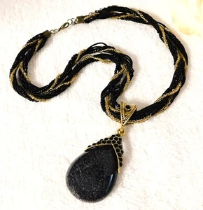 VINTAGE BOHO STYLE FAUX STONE BRAIDED SEED BEAD PENDANT NECKLACE 18" - Picture 1 of 4