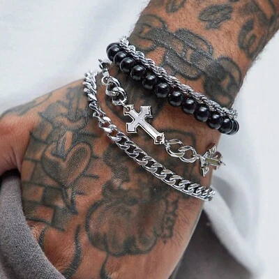 Juego de 4 brazaletes de cadena de cuerda cubana con cuentas con dije de cruz punk de acero inoxidable para hombre Foto 1 de 4