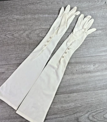 Guantes de codo de nailon tejido doble vintage Fownes NYLO 21,5" 6,5 marfil imitación perla Foto 1 de 4