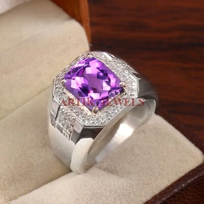 Natural Amethyst Gemstone with 925 Sterling Silver Ring for Men's #5041 - Image 1 of 4
