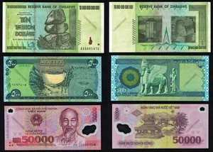 10 Trillion Dollars Zimbabwe 2008, 50000 Vietnam Dong, 500 Iraq Dinars 2018 UNC - Picture 1 of 5