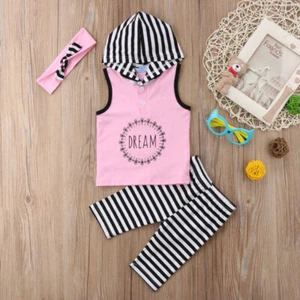 3PCS Baby Girls Summer Sleeveless Striped Hoodie Tops Pants Headband Outfits - Picture 1 of 13