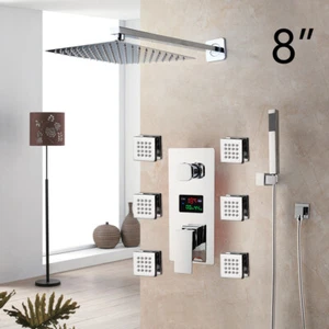8" Rain Shower Head 3-Way Digital Mixer Valve Massage Jet Hand Shower Faucet Set - Picture 1 of 8
