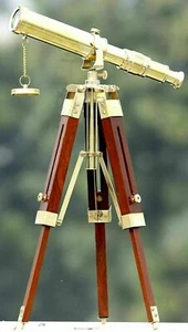 Nautical Brass Polished Desk Décor Marine Telescope W/Brown Wooden Tripod Stand - Picture 1 of 5