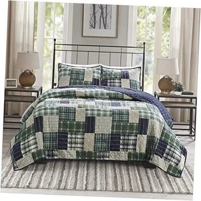  Edredón reversible cabina estilo de vida cuadros completo/madera reina verde/azul marino 3 piezas Foto 1 de 4