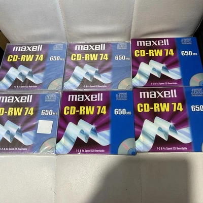 NEW Maxell CD-RW 74 650MB Rewritable 1.2 4x Speed Slim Case x6 - Image 1 of 4