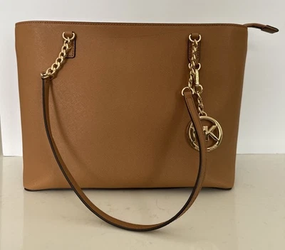 Michael Kors MK Leather Tote Shoulder Tote Bag Purse Tan Brown NEW - Image 1 of 4