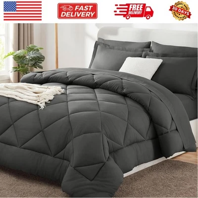 Conjunto de edredom queen cinza escuro - Cama em uma bolsa queen size 7 peças, luxo macio... - Imagem 1 de 4