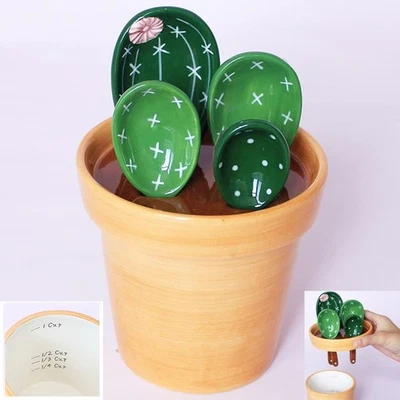 Cactus Measuring Spoons Set in Pot Ceramic Cute Measuring Cups and Spoons Uni... - Image 1 of 4