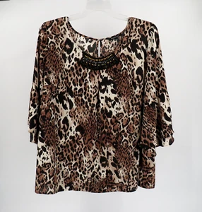 Relativity Animal Print 3/4 Bell Sleeve Blouse with Embellished Neck Size 2X - Picture 1 of 5