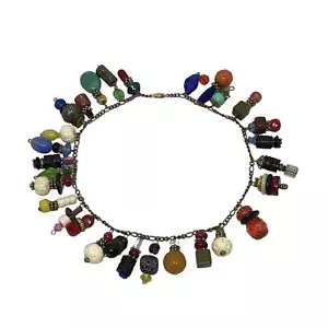 VTG Handcrafted Amulet Necklace Red Green Blue Plastic Beads On 15” Copper Chain - Picture 1 of 13