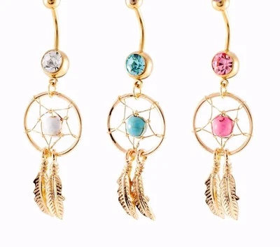 Gold Dreamcatcher Feather Dream Catcher BELLY NAVEL Piercing Jewellery Bar Ring — 第 1/3 张图片