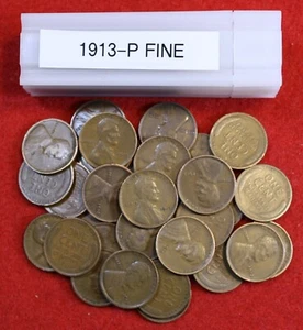 1913-P Lincoln Wheat Cent Penny 50 Coin Roll Circulated All Coins Fine - Picture 1 of 4