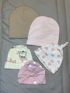 Lot of 5 Assorted Infant Hats, Baby Beanies, Pink, Beige, 0-3 Months, 6-12 Mos - Picture 1 of 3