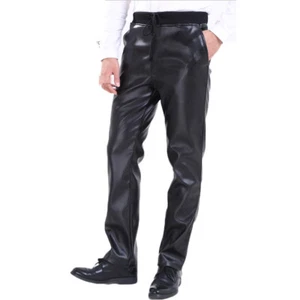 Mens Elastic Waist Straight Leg Faux Leather Pants Business Casual PU Trousers - Picture 1 of 13