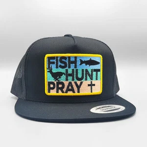 Fish Hunt Pray Trucker Hat, Christian Patch on all Black Yupoong 6006 Snapback - Picture 1 of 10
