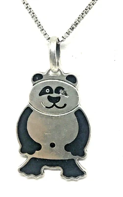 UNOAERRE ORSETTO PANDA VINTAGE  SMALTO NERO E ARGENTO CON CATENINA 925, 42 CM - Immagine 1 di 4