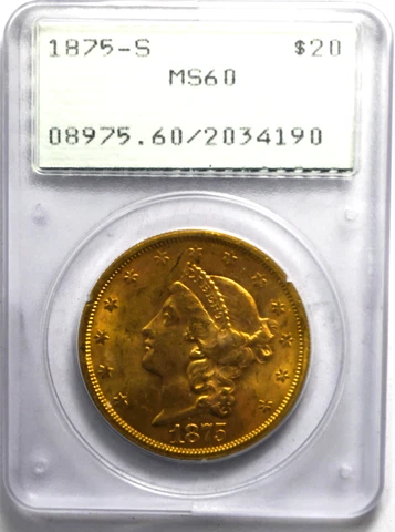 1875 S  $20 Liberty Head Double Eagle PCGS MS60 Uncirculated OGH Rattler Cover