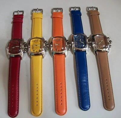 MEN'S SILVER FINISH COLORFUL LEATHER BAND FASHION DRESSY CASUAL HIP HOP WATCH - Image 1 of 4