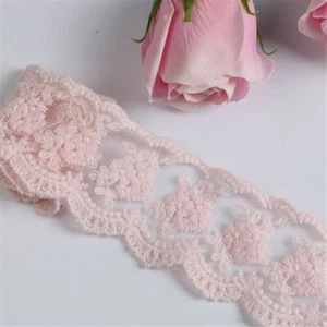 1Yd Embroidery Pink Floral Cotton Lace Trim Ribbon Wedding Dress Sewing Craft - Picture 1 of 6