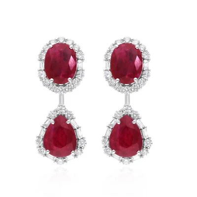 8.78 TCW Ruby Gemstone Lab Grown CVD Diamond 14k White Gold Dangle Earrings Gift - Image 1 of 4