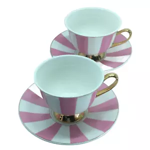 Juego de Qty. 4 tazas de té y platillos a rayas rosadas y blancas en embalaje estándar. - Imagen 1 de 8