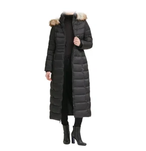 Kenneth Cole Faux Fur Trim Hooded Down Puffer Maxi Coat (Black, XS) - Picture 1 of 5